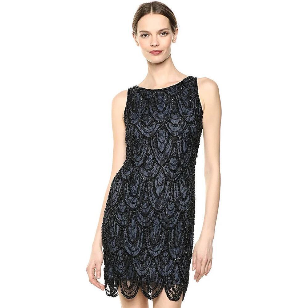 Pisarro Nights Embellished Sequins Sleeveless Mini Cocktail Dress Navy Blue 6